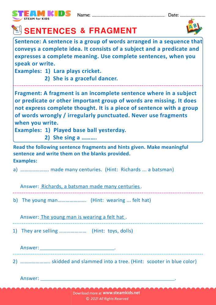 Free English Worksheet - Sentence & fragment - Worksheet 6