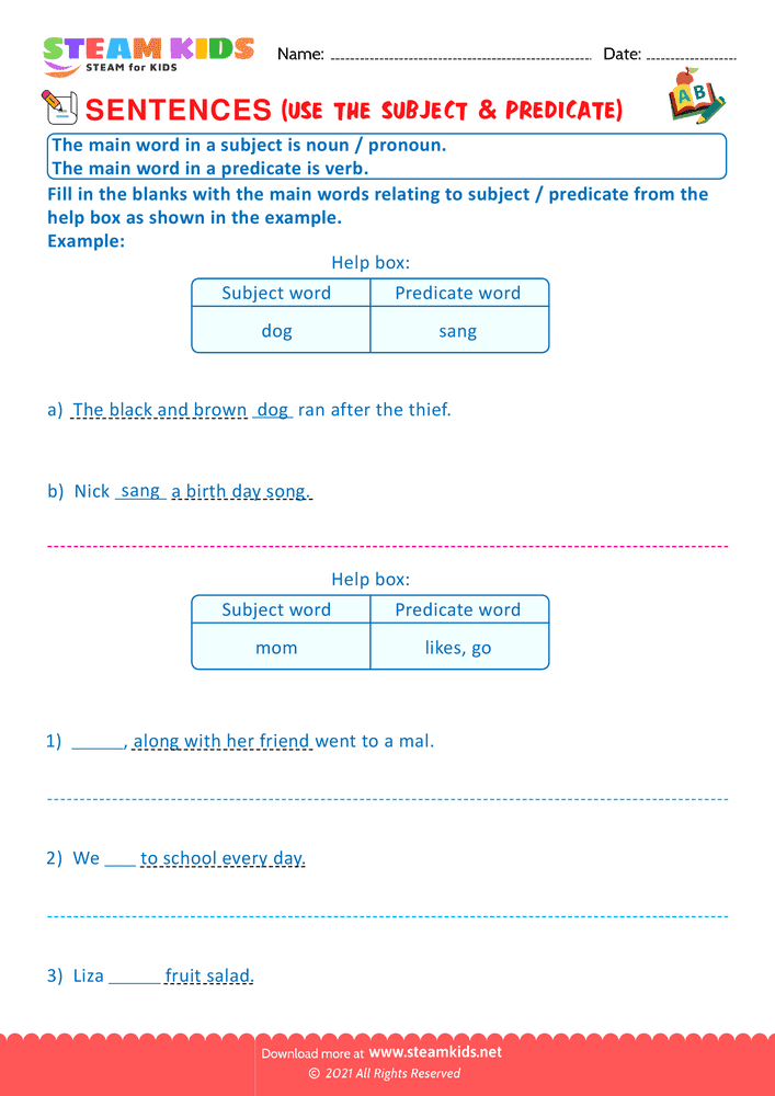 Free English Worksheet - Use the subject & predicate - Worksheet 1