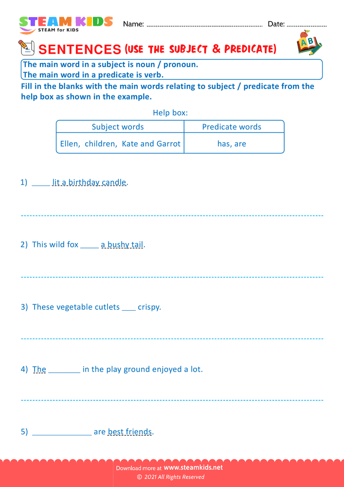 Free English Worksheet - Use the subject & predicate - Worksheet 2