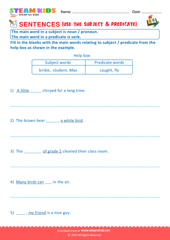 Free English Worksheet - Use the subject & predicate - Worksheet 3