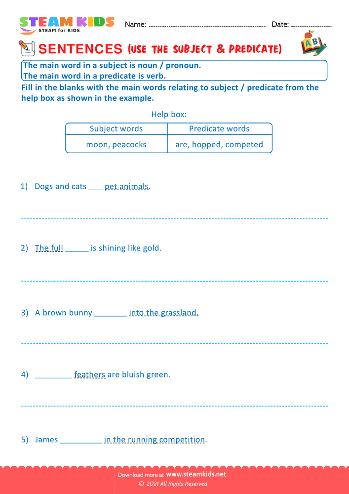 Free English Worksheet - Use the subject & predicate - Worksheet 4