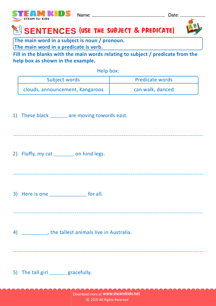 Free English Worksheet - Use the subject & predicate - Worksheet 5
