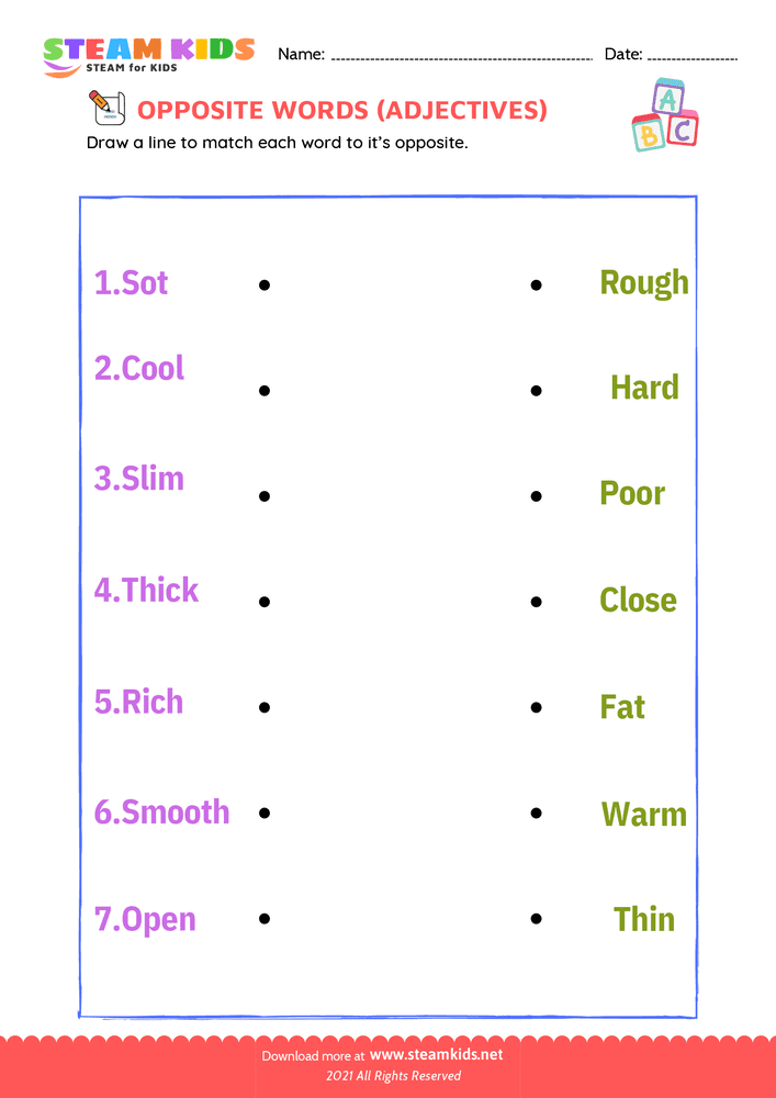 Free English Worksheet - Opposite Adjectives - Worksheet 2