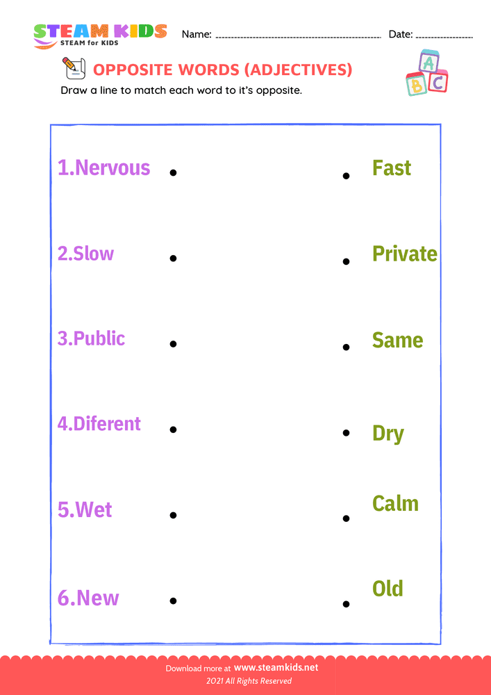 Free English Worksheet - Opposite Adjectives - Worksheet 6