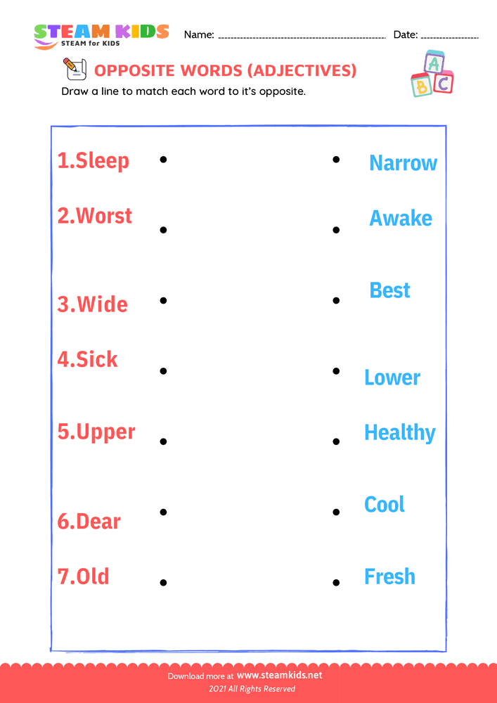 Free English Worksheet - Opposite Adjectives - Worksheet 8