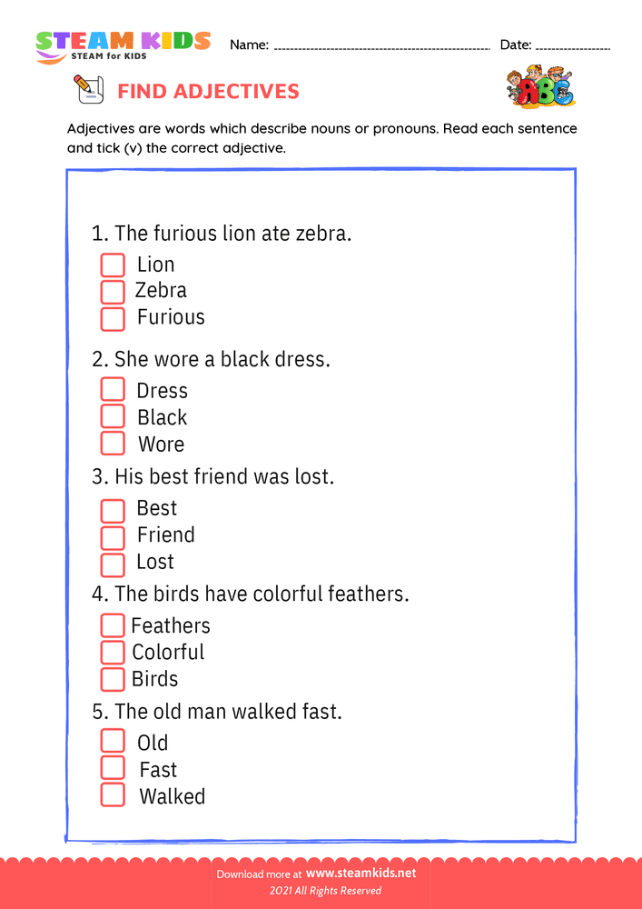 Free English Worksheet - Find Adjectives - Worksheet 1