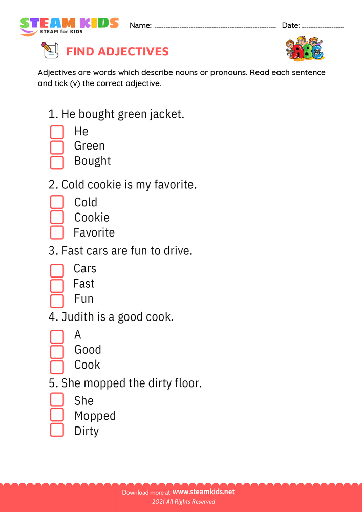 Free English Worksheet - Find Adjectives - Worksheet 3