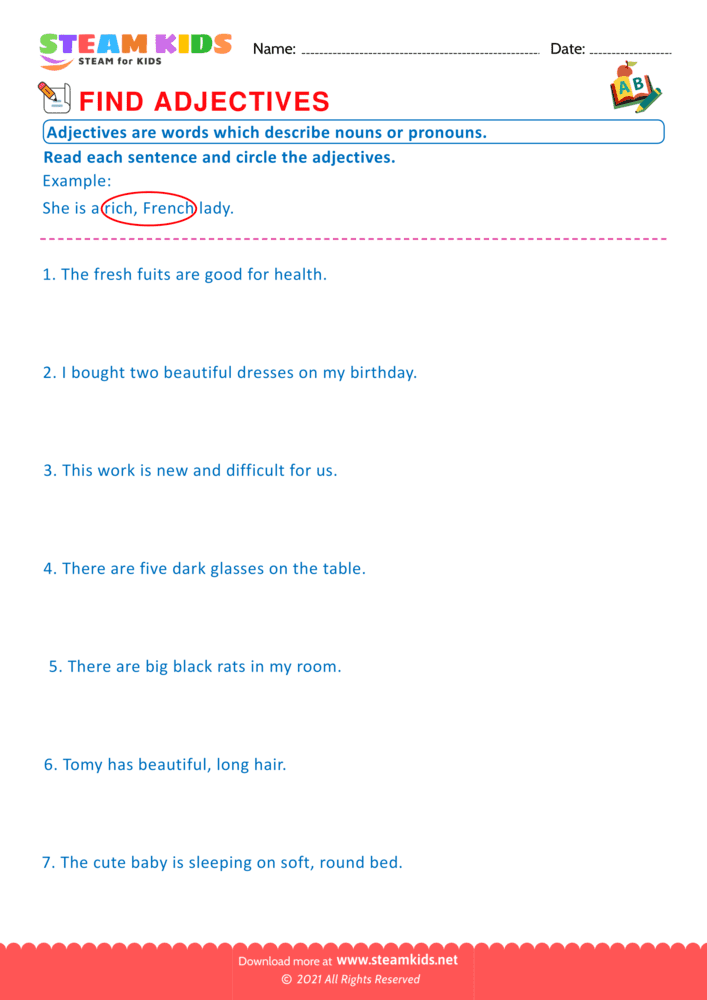 Free English Worksheet - Find Adjectives - Worksheet 8