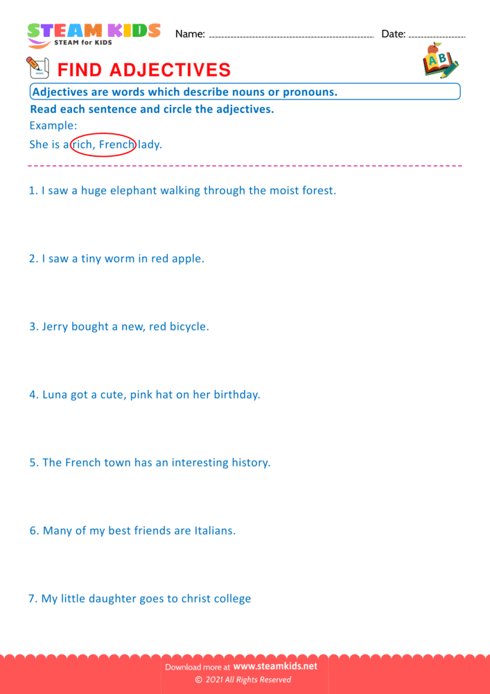 Free English Worksheet - Find Adjectives - Worksheet 9