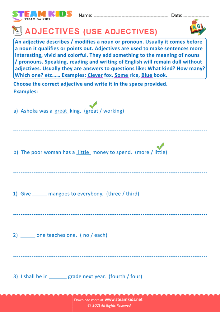 Free English Worksheet - Choose the correct adjective - Worksheet 1