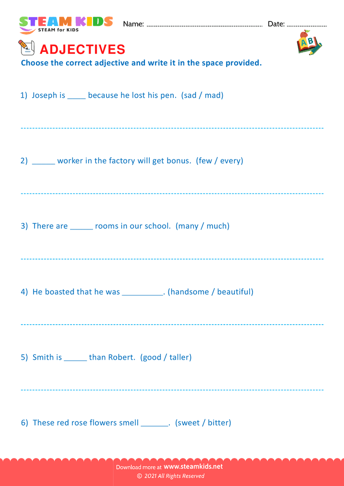 Free English Worksheet - Choose the correct adjective - Worksheet 2