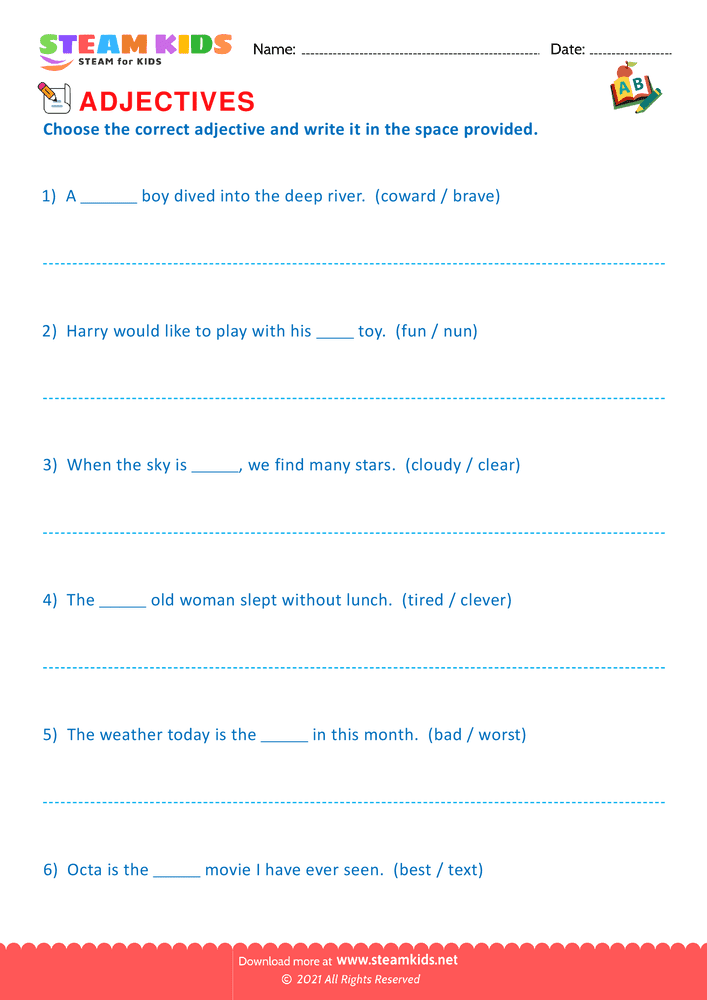 Free English Worksheet - Choose the correct adjective - Worksheet 3