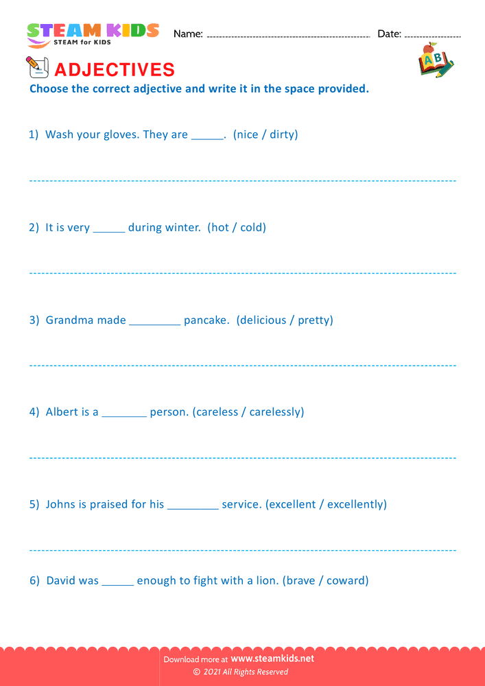 Free English Worksheet - Choose the correct adjective - Worksheet 4