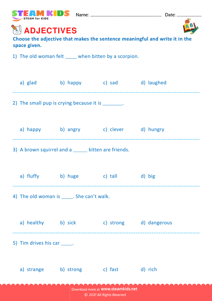 Free English Worksheet - Choose the correct adjective - Worksheet 6