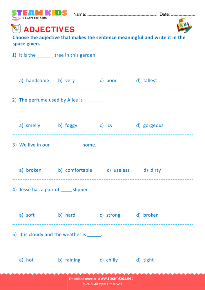 Free English Worksheet - Choose the correct adjective - Worksheet 7
