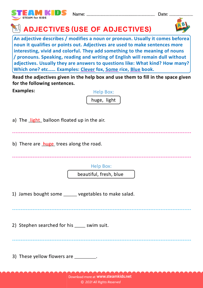 Free English Worksheet - Use of adjectives - Worksheet 1