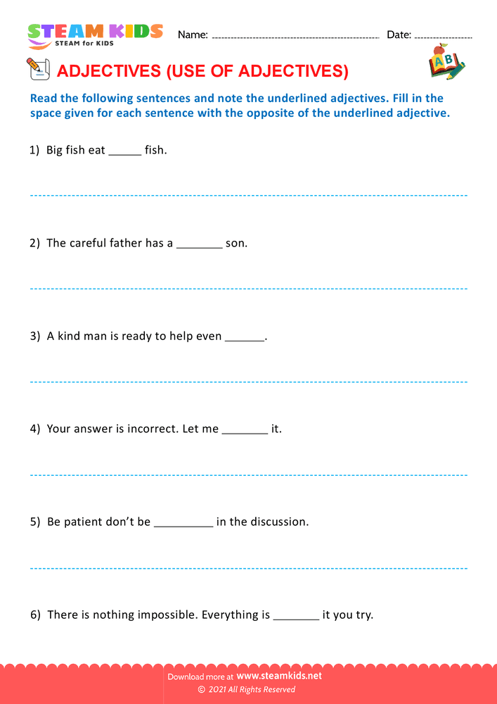 Free English Worksheet - Use of adjectives - Worksheet 6