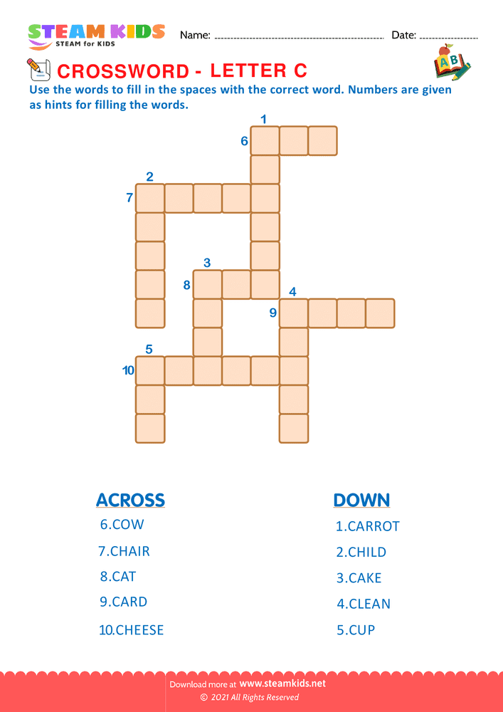 Free English Worksheet - Crosswords with c