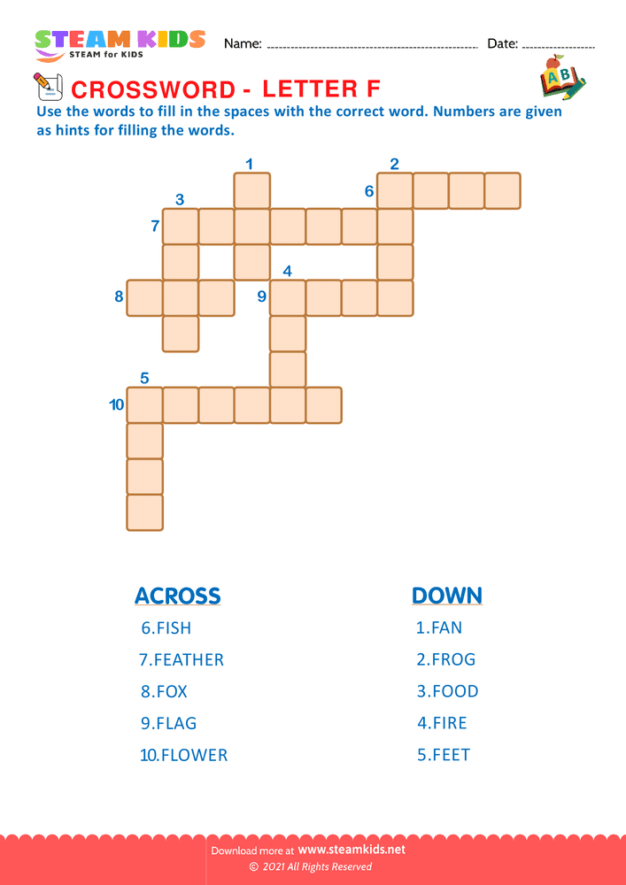 Free English Worksheet - Crosswords with f