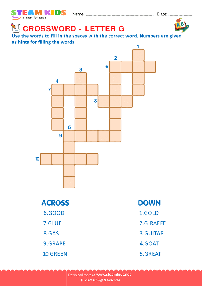 Free English Worksheet - Crosswords with g