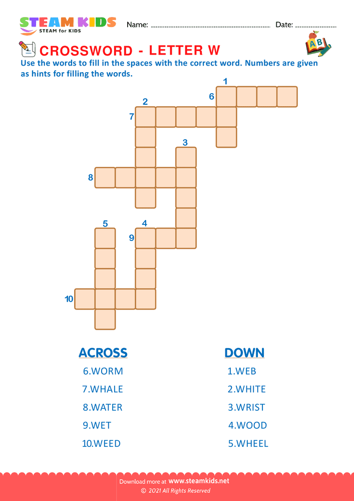 Free English Worksheet - Crosswords with w