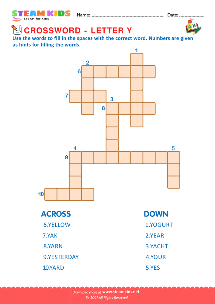 Free English Worksheet - Crosswords with y