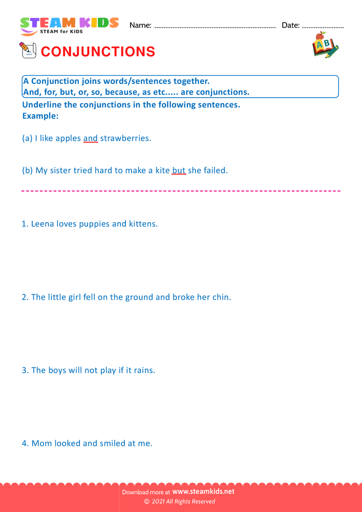 Free English Worksheet - Conjunctions - Worksheet 1