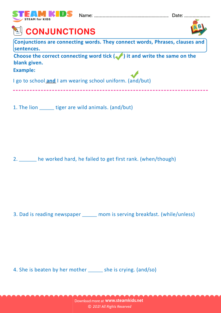 Free English Worksheet - Conjunctions - Worksheet 2