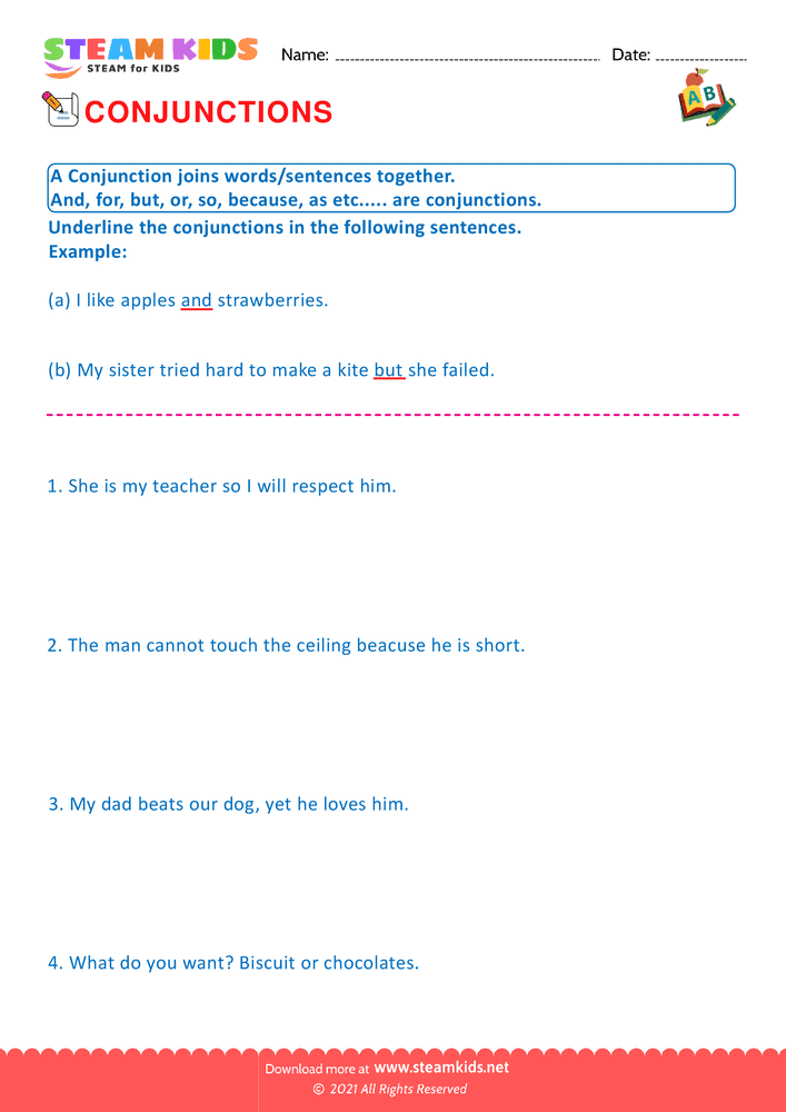 Free English Worksheet - Conjunctions - Worksheet 4