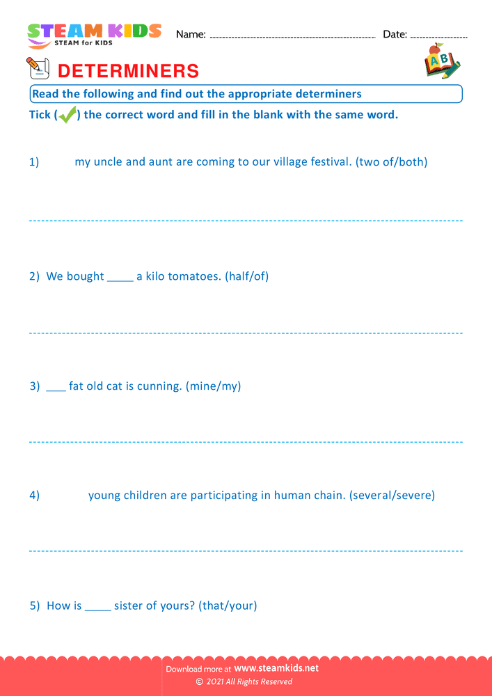 Free English Worksheet - Appropriate determiners - Worksheet 3