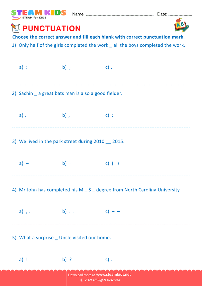 Free English Worksheet - Punctuation Marks - Worksheet 4