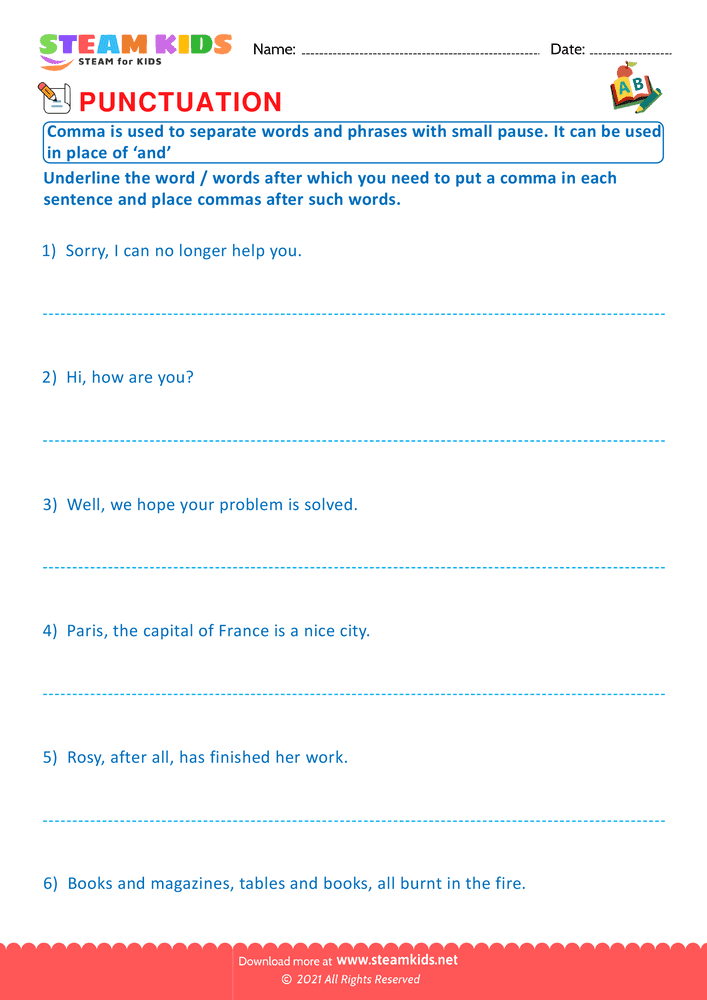 Free English Worksheet - Use of Commas - Worksheet 5