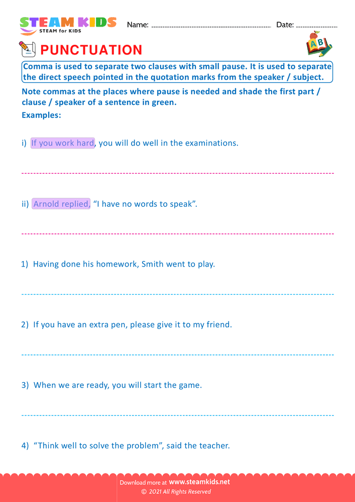 Free English Worksheet - Use of Commas - Worksheet 13