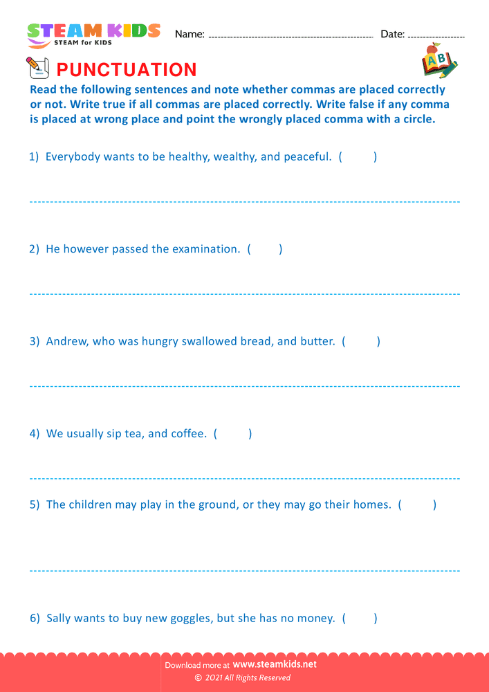 Free English Worksheet - Use of Commas - Worksheet 20