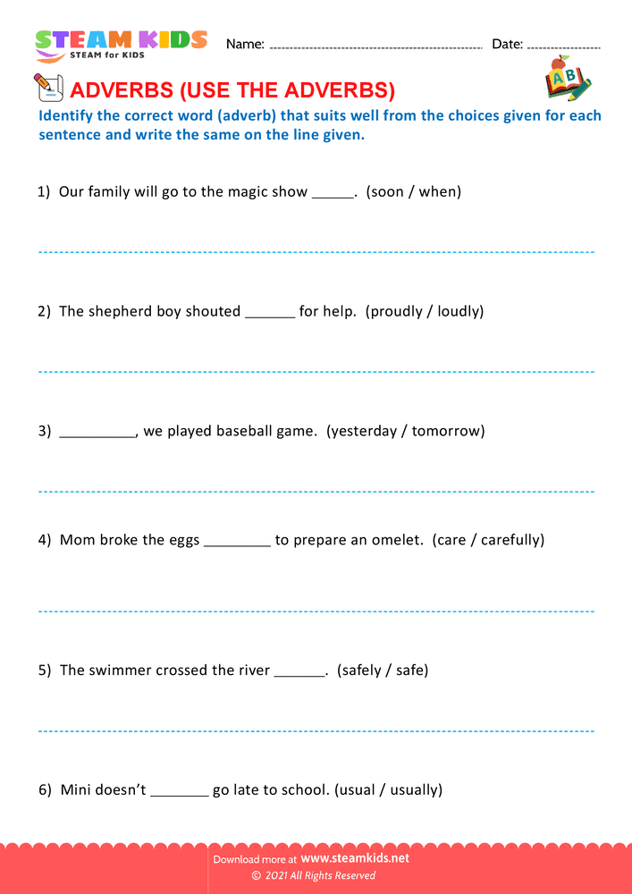 Free English Worksheet - Identify the correct adverb - Worksheet 1