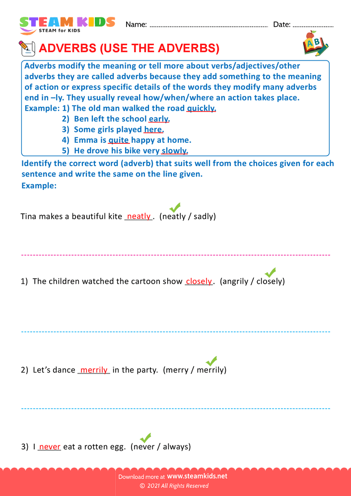 Free English Worksheet - Identify the correct adverb - Worksheet 2