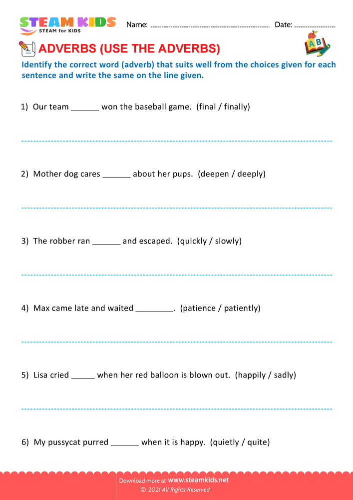 Free English Worksheet - Identify the correct adverb - Worksheet 3