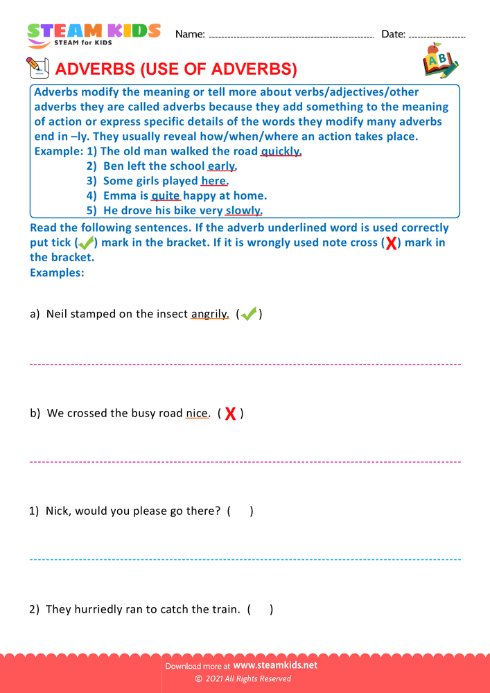 Free English Worksheet - Use of adverbs - Worksheet 1