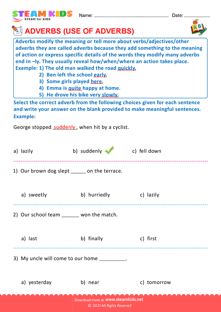Free English Worksheet - Use of adverbs - Worksheet 5