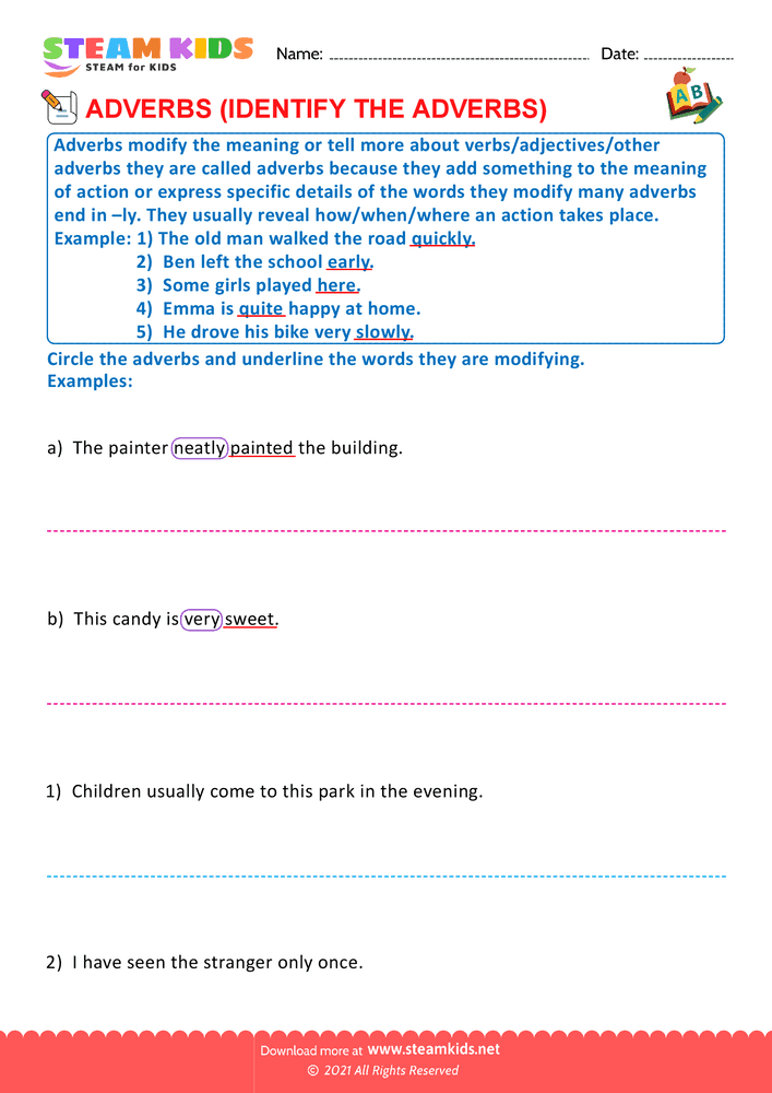 Free English Worksheet - Circle the adverbs - Worksheet 1