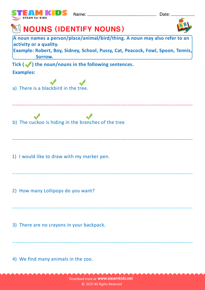 Free English Worksheet - Identify nouns - Worksheet 1