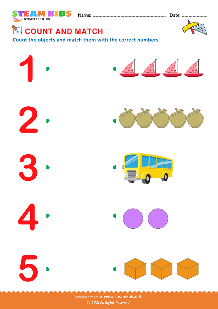 Free Math Worksheet - Count and Match - Worksheet 1 - STEAM KIDS