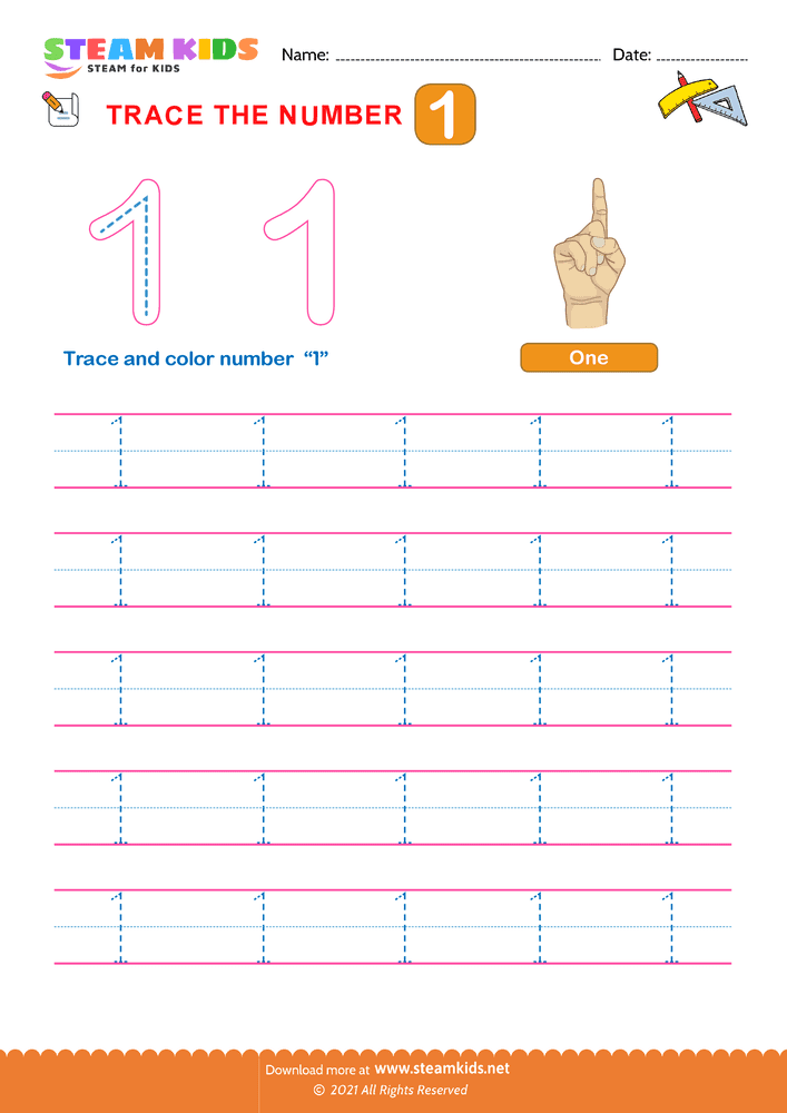 Free Math Worksheet - Trace the letter 1
