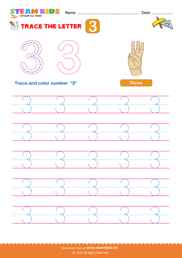 Free Math Worksheet - Trace the letter 3