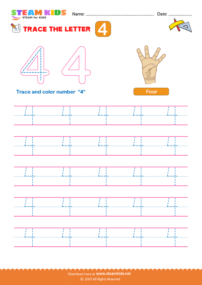 Free Math Worksheet - Trace the letter 4