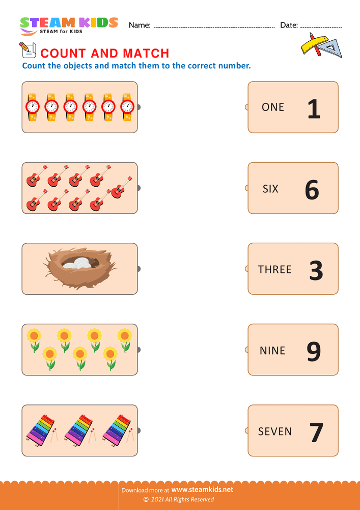 Free Math Worksheet - Count and Match - Worksheet 7