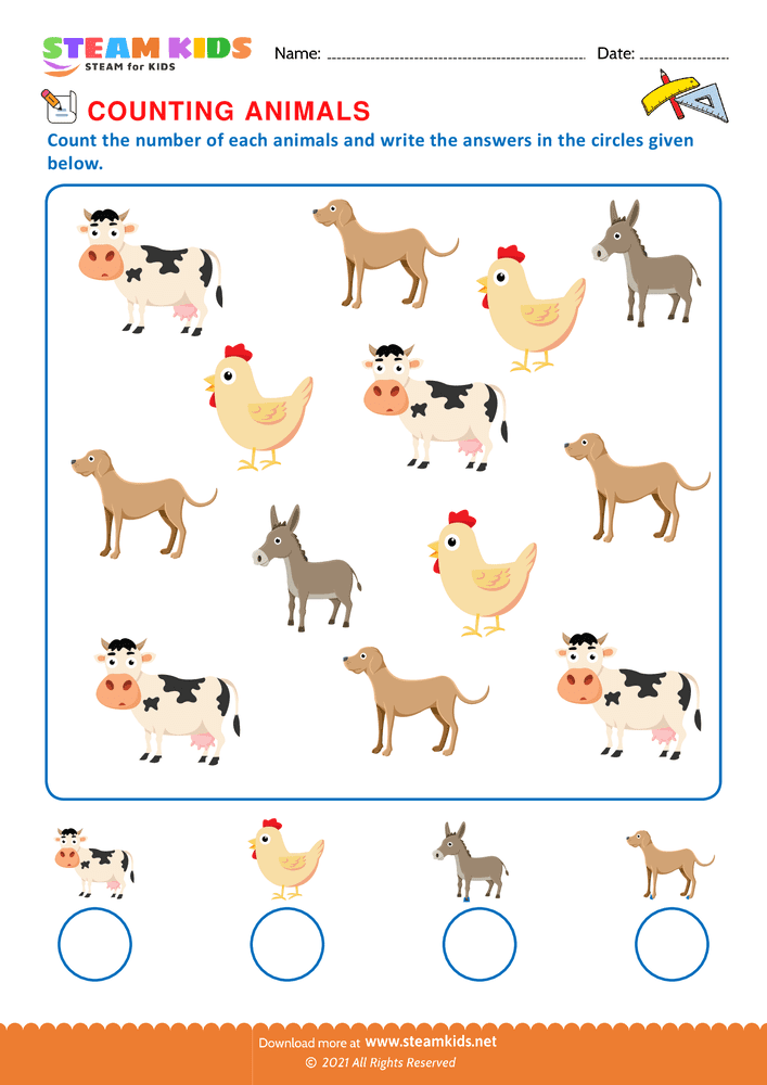 Free Math Worksheet - Counting animals