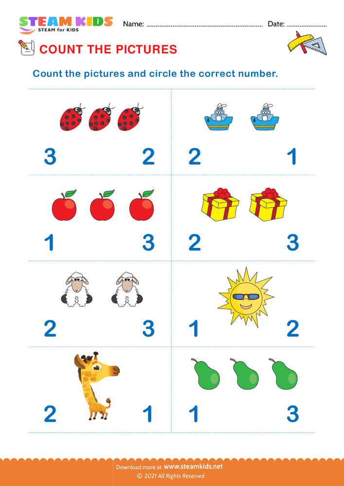 Free Math Worksheet - Count the Pictures - Worksheet 1