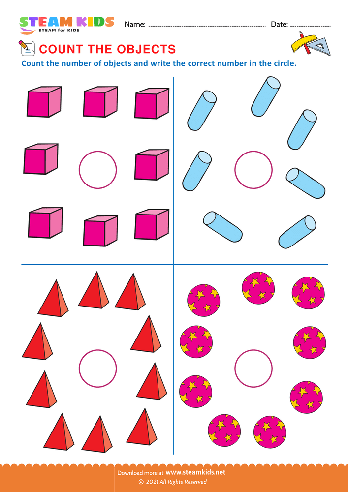 Free Math Worksheet - Count the objects - Worksheet 1