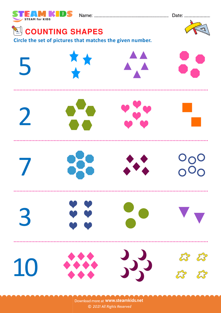 Free Math Worksheet - Counting shapes - Worksheet 1